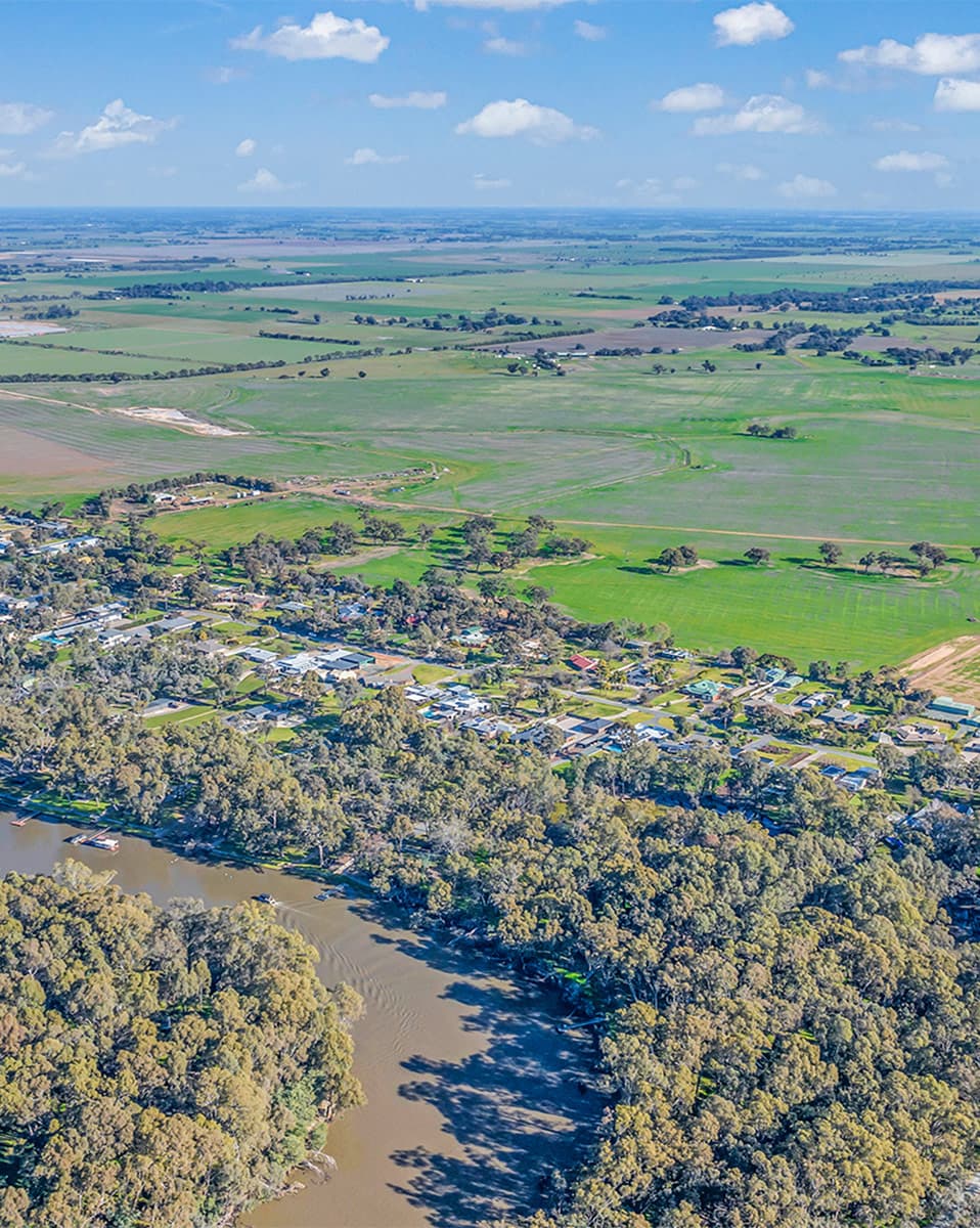 Aerial view over Wharparilla Estate, Echuca, with the Murray River and red gum bushland